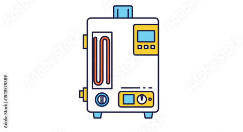 Colorful illustration of a modern compact dialysis machine with a digital display