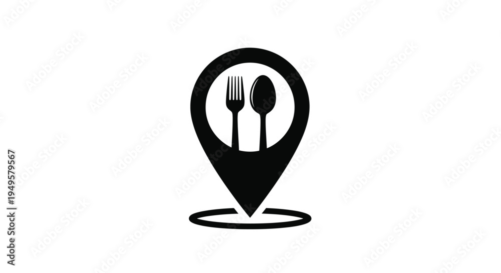 Fototapeta premium Black and white restaurant location icon featuring a fork and spoon
