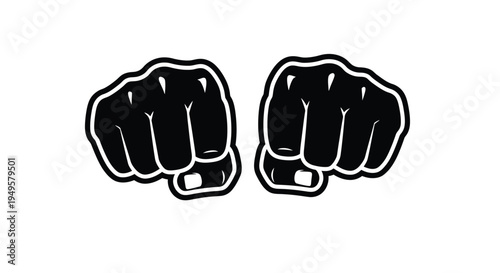 Two clenched fists illustrated in a stark black and white design
