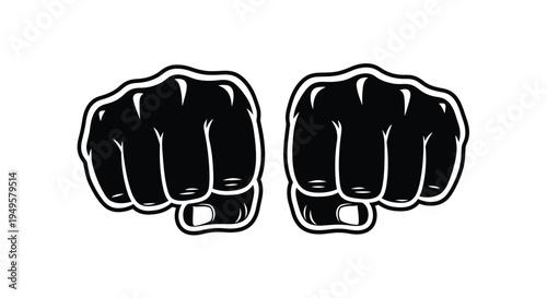 Two clenched fists presented in a bold black and white graphic style