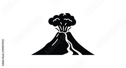 A simple black silhouette depicts a volcano erupting with lava flow