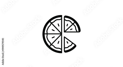 A simple black and white line drawing of a pizza with two slices missing