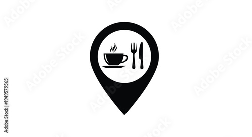 Black map pin icon depicting a coffee cup fork and knife