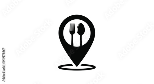 Black and white restaurant location icon featuring a fork and spoon