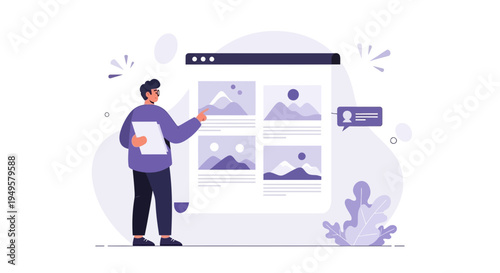 Man reviewing website content on a digital display, online marketing concept