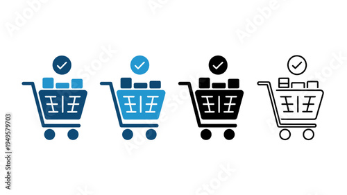 Four variations of a shopping cart icon are displayed showcasing different color schemes and outline styles high quality professional detailed modern elegant stylish clean crisp vibrant