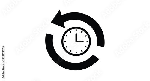 Black icon depicting a clock surrounded by a circular arrow