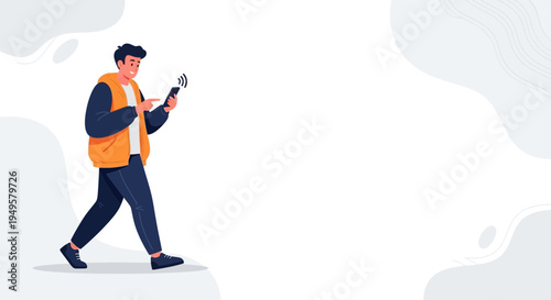 Young man walking and using smartphone, modern flat illustration, communication concept