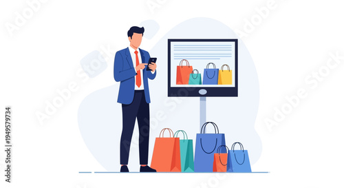 Man using smartphone near screen with shopping bags and online shopping concept