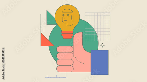 A stylized illustration depicts a lightbulb containing a human profile alongside a thumb s up and geometric shapes high quality professional detailed modern elegant stylish clean