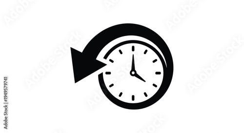 Black and white illustration of a clock with an arrow symbol