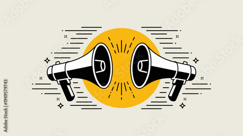 Two black megaphones face each other emitting sound waves against a vibrant yellow circle and neutral background high quality professional detailed modern elegant stylish clean crisp