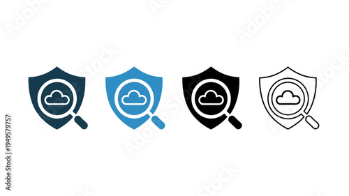 Four variations of a security shield icon featuring a magnifying glass over a cloud displayed in different color schemes high quality professional detailed modern elegant stylish