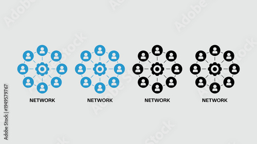 Four circular network diagrams are shown progressing from light blue to dark gray each with people icons around a central gear high quality professional detailed modern