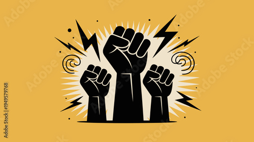 A powerful illustration depicts three raised fists against a golden background surrounded by dynamic lightning bolts and swirling starbursts high quality professional detailed modern elegant stylish