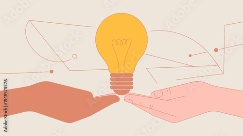 A glowing lightbulb is carefully held between two open hands symbolizing innovation collaboration and the nurturing of new ideas high quality professional detailed modern elegant stylish