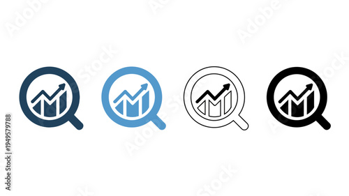 Four variations of a magnifying glass icon over a bar graph showcasing data analysis and business growth concepts high quality professional detailed modern elegant stylish clean