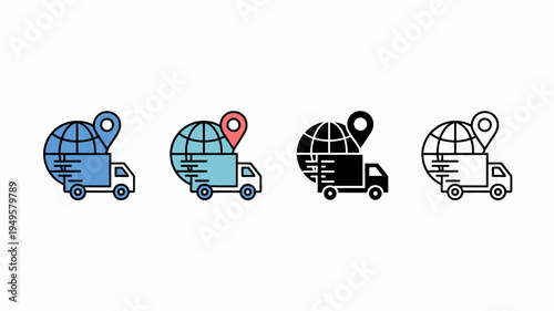 A series of four delivery truck icons each with a globe displayed in varying color schemes and outlines high quality professional detailed modern elegant stylish clean