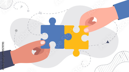 Two hands are depicted connecting a blue and yellow puzzle piece symbolizing collaboration teamwork and problem solving within a modern design high quality professional detailed elegant