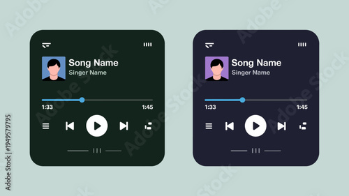 This image displays two mockups of a music player interface on a smartphone showcasing both dark and slightly lighter themes high quality professional detailed modern elegant