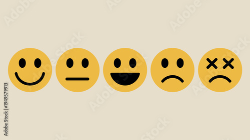 A series of five yellow emoji faces display a range of emotions from happy and neutral to joyful sad and dead high quality professional detailed modern