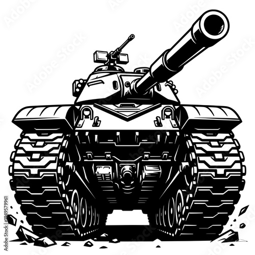 Military Tank Front View Black and White Armored Vehicle Vector Illustration