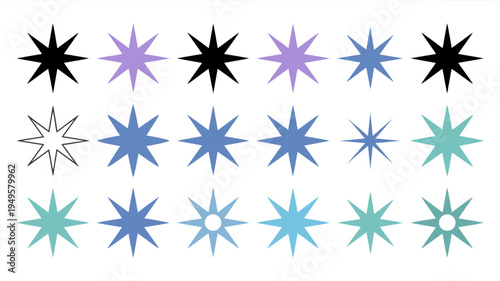 An arrangement of colorful eight pointed stars in varying shades of blue purple teal black and white high quality professional detailed modern elegant stylish clean crisp
