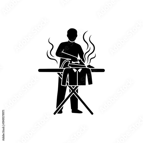 Man Ironing Clothes on Board with Steam Silhouette Vector Illustration