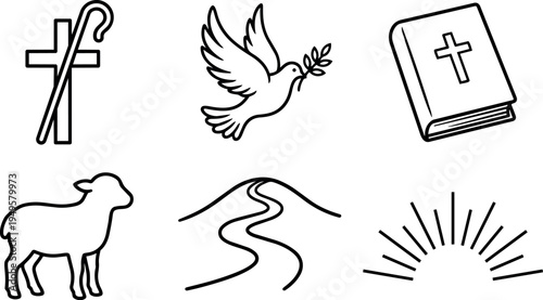 Minimalist black line icons of christian cross staff dove with olive branch holy bible lamb winding path and sunrise vector art elements