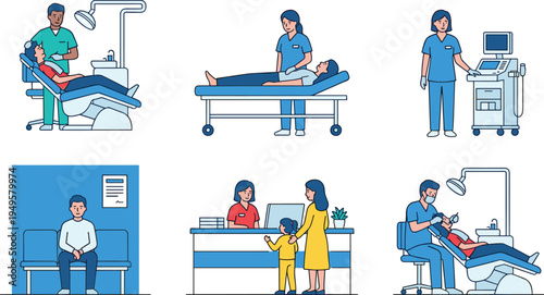 Set of flat vector illustrations showing medical clinic scenes including dental checkup, patient examination, ultrasound diagnostic, reception desk, and waiting room area.