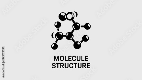 A minimalist graphic depicts a molecular structure composed of interconnected black circles against a light gray background with text high quality professional detailed modern elegant stylish