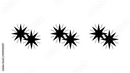 A minimalist image displays five black starburst shapes arranged horizontally against a stark white background creating a simple graphic high quality professional detailed modern elegant stylish