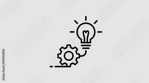 A sleek black line illustration depicts a lightbulb connected to gears symbolizing innovation ideas and the mechanics of thought processes high quality professional detailed modern elegant