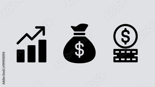This image depicts three black glyph icons representing financial growth wealth and currency displayed against a light gray background high quality professional detailed modern elegant stylish