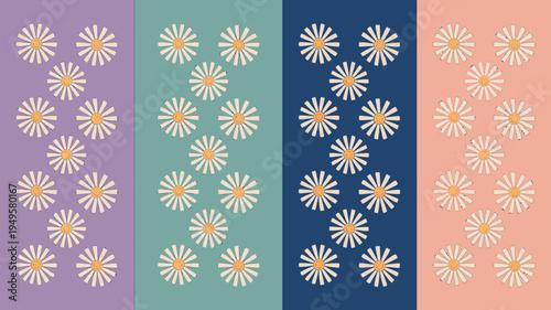 A colorful repeating pattern displays numerous white daisies with yellow centers across four vertically aligned pastel backgrounds high quality professional detailed modern elegant stylish clean crisp