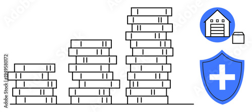 Financial planning, healthcare, savings growth, supply chain, wealth management, medical insurance. Coin stacks increasing in height, warehouse and shield icons. Financial planning and healthcare
