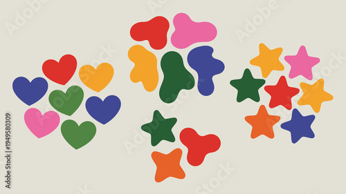A vibrant and colorful arrangement of abstract shapes including hearts and stars are scattered against a neutral beige background high quality professional detailed modern elegant stylish