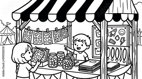 Black and white line art child pointing at craft stall selling stickers jars and bracelets with girl browsing designs outdoor market booth