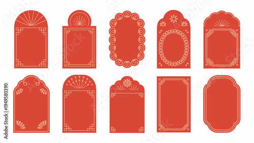 A collection of nine red ornate frames with varying shapes and decorative borders presented on a white background high quality professional detailed modern elegant stylish clean