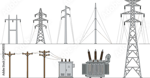 Set of high voltage power line transmission towers, electricity pylons, wooden utility poles, electrical transformer, and substation, flat vector illustration