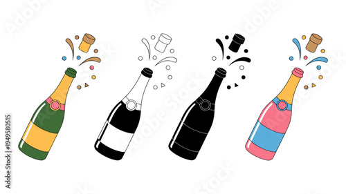 Four illustrations of champagne bottles popping shown in varying color schemes color outline black and pink blue high quality professional detailed modern elegant stylish clean crisp