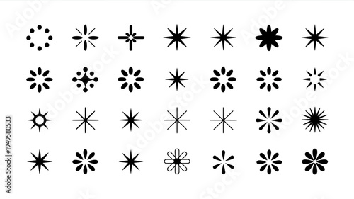 An array of abstract black and white starburst and floral inspired shapes are scattered across a stark white background high quality professional detailed modern elegant stylish