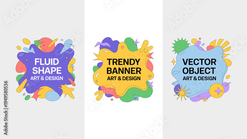 A set of three colorful vector banners featuring abstract fluid shapes vibrant color palettes and text promoting art design high quality professional detailed modern elegant stylish