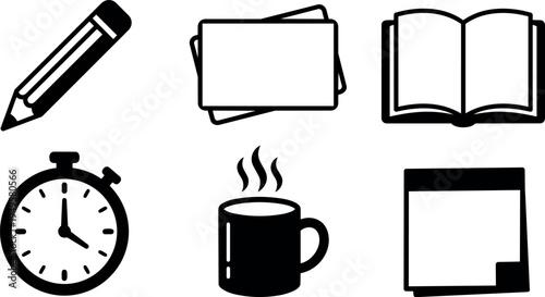 Black flat design icons set including pencil card book stopwatch hot drink and sticky notes in simple style