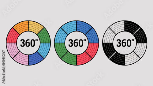 Three circular diagrams are displayed each divided into eight segments and labeled with 360 showcasing different color schemes high quality professional detailed modern elegant stylish clean