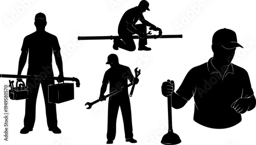Plumber silhouettes, Plumber man silhouettes set
