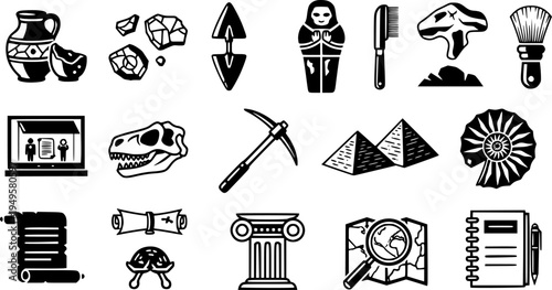 Archaeology Icons Vector Set: Artifacts, Tools, Fossils, Excavation, History, Museum, and Research. Bold Silhouette Graphics Collection for Science Design.