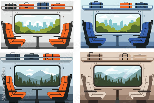 Set of train interior flat vector illustrations featuring passenger seats, luggage racks, windows with mountain forest and city skyline views.