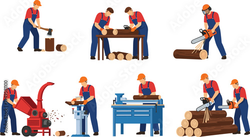 Set of professional woodworkers and lumberjacks using chainsaws, axes, and wood chippers for timber processing and forestry, flat vector illustration.