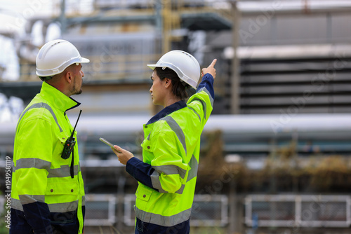 Industrial Engineer Using Digital Tablet for Predictive Maintenance in Oil and Gas Refinery. Team of Engineers Discussing Safety Protocols at Large Scale Oil Refinery Facility.